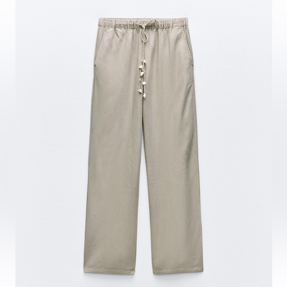 NEW Zara olive green WIDE LEG PANTS WITH SEASHELL TIES - Picture 8 of 8